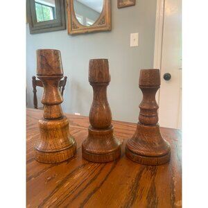 Set Of 3 Vintage Wooden Oak Candlestick Holders With Green Felt Base